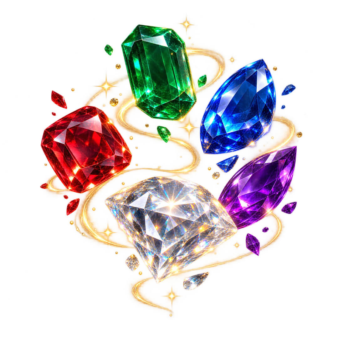 A collection of floating red, green, blue, purple and clear gemstones