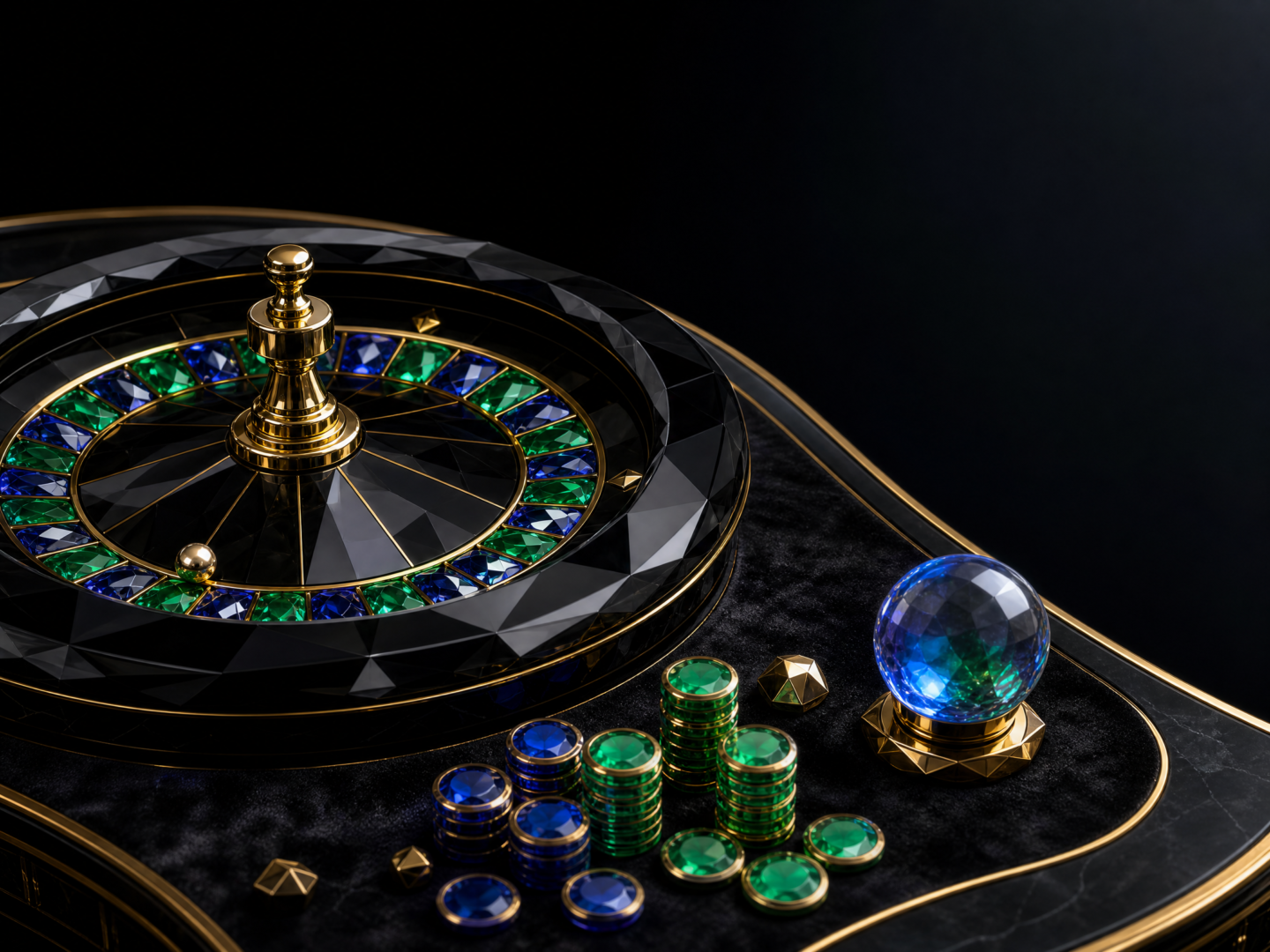 A dark, jewel-accented roulette wheel with crystal pieces